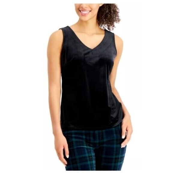 Women's Velvet V-Neck Tank Top Charter Club Black Size M New With Tags - Picture 1 of 11